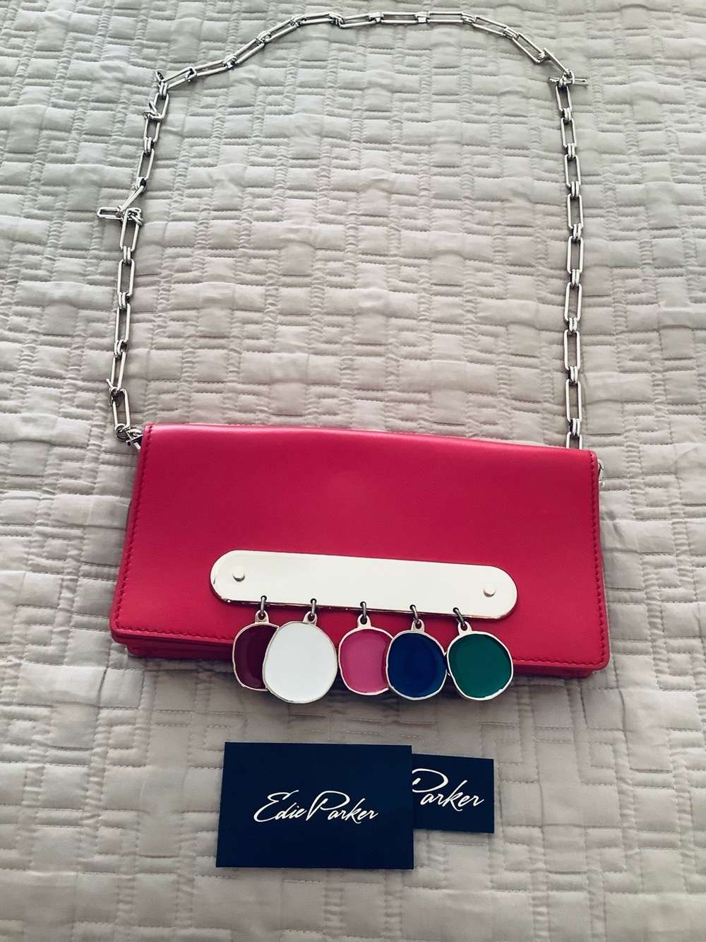 NEW EDIE PARKER RED LEATHER CANDY BAR WITH COINS CLUTCH WITH GOLD CHAIN